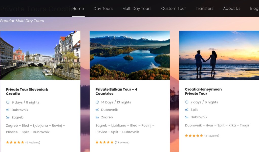 Experience Dalmatia offers day tours and multi-day tours that include Croatia, Slovenia, Italy, and Bosnia and an Adriatic Private Tour from Dubrovnik to Venice. All of these tours can be customized.