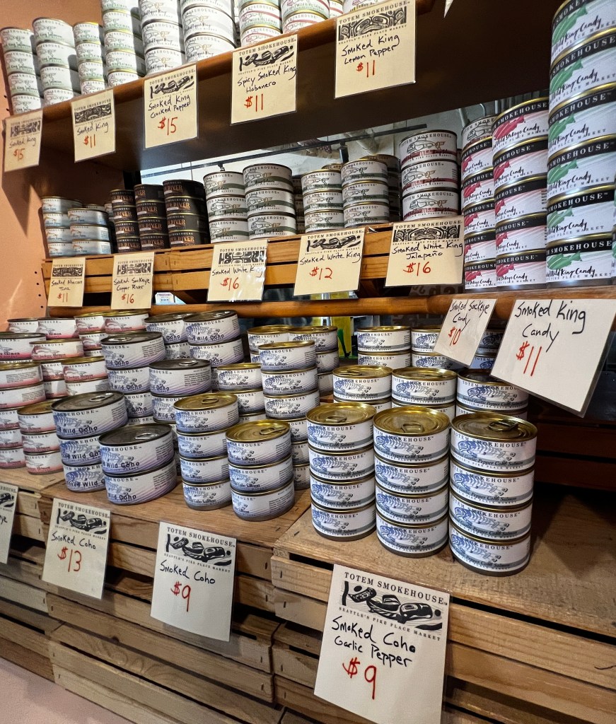Totem Smokehouse in Pike Place Market in Seattle offers a variety of jerkey and canned salmon for gifts and to take home. Image by JAG.