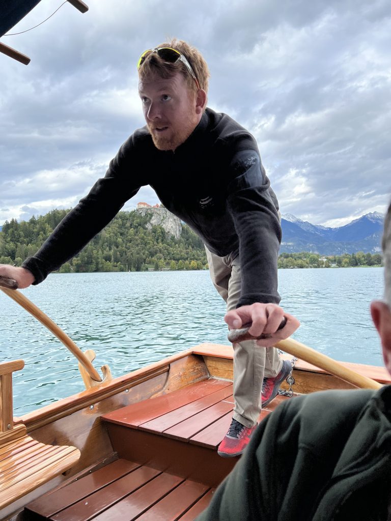 Alex, our "Pletnar" or standing oarsmen rowed us to The Pilgrimage Church of the Assumption of Mary on Lake Bled in Slovenia.