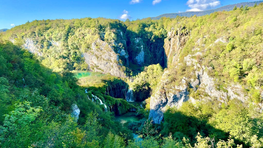 Plitvice Lakes National Park in Croatia. The Big Waterfall (Veliki Slap) and Sastavci waterfalls plunging into the Lower Lakes. Photographed from Entrance 1 on September 23, 2022.