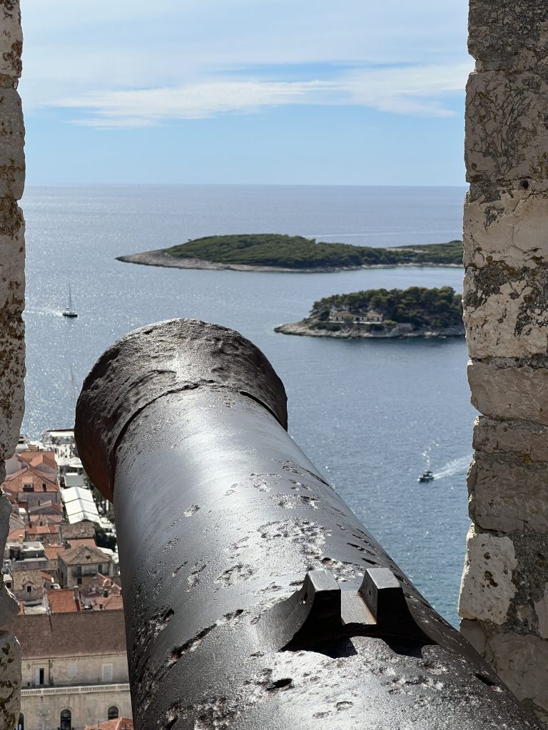 Looking out at the Adriatic Sea and the Paklinki islands from Hvar's Fortica in Croatia