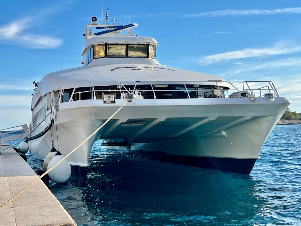 A high-speed Kapetan Luka-Krilo catamaran takes 5o-minutes to cross the Adriatic Sea between Split and Hvar town in Croatia.