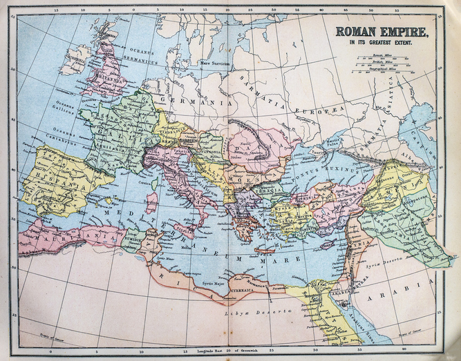 Victorian-era map showing the Roman Empire originally published in 1880.