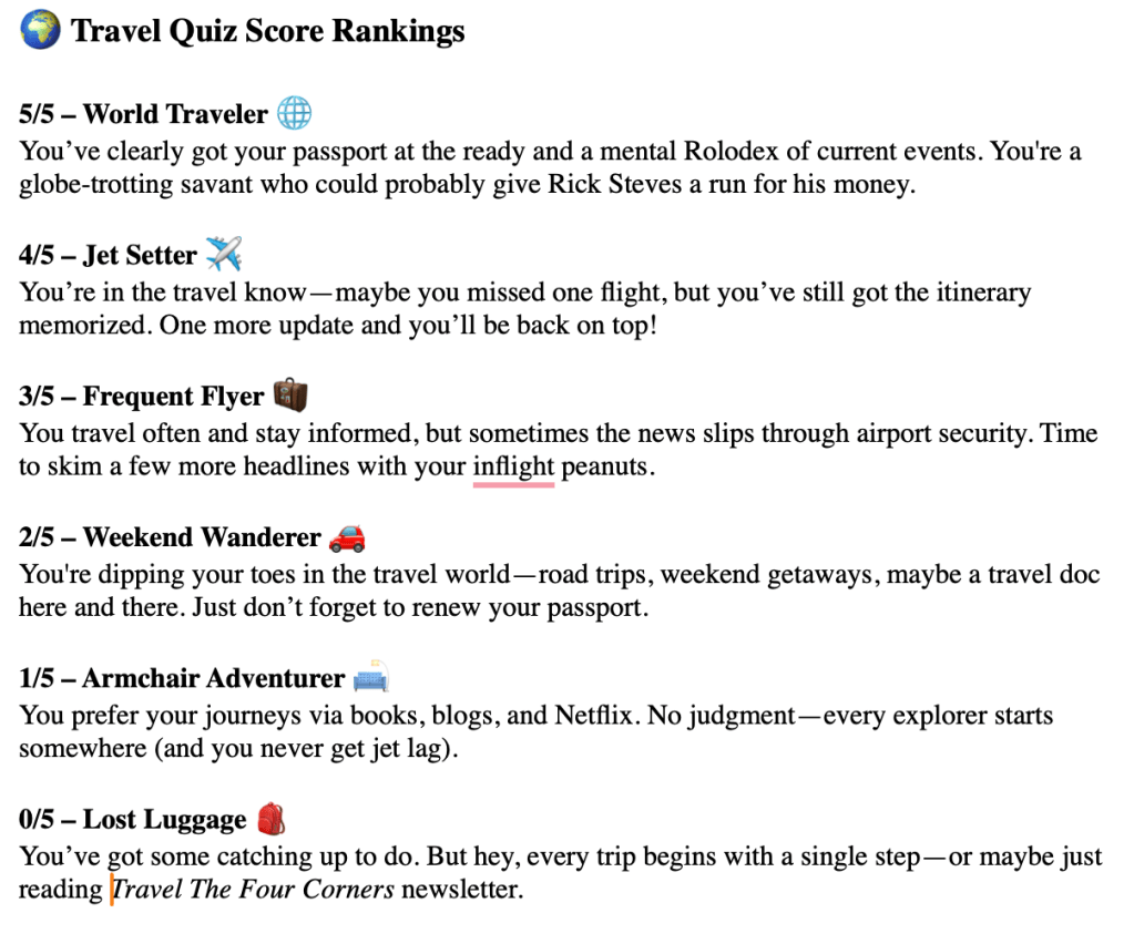 Travel The Four Corners Quiz Ranking